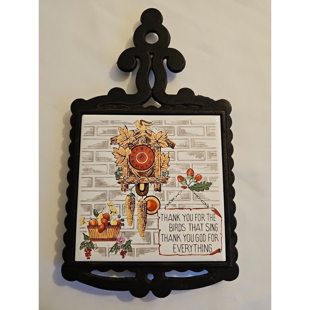 VTG Enesco Cast Iron Tile Trivet Thank You For The Birds That Sing God Quote